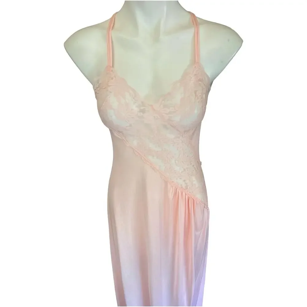 Val Mode Vintage 1970s Blush Pink Nylon Nightgown Diagonal Lace Panel Small